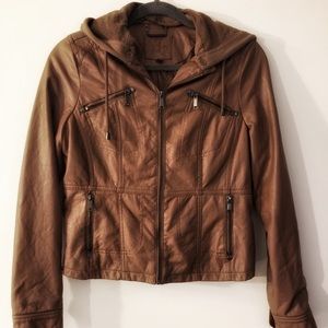 Chestnut Faux Leather Jacket with Removable Hood
